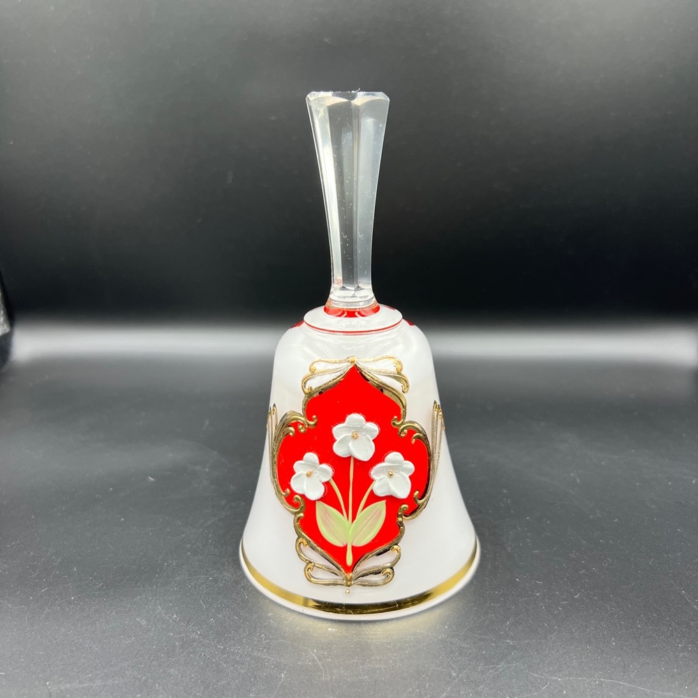 Vtg glass bell by Bohemia CZECH, gorgeous 3d flowers, gold trim, red and white